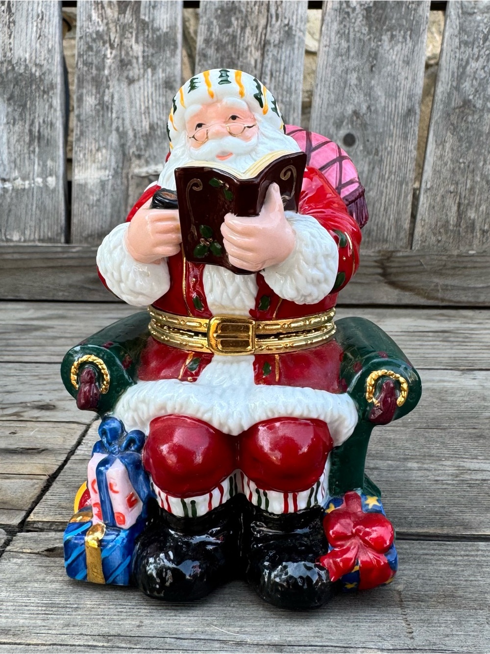 Vintage Christmas Traditions Santa in Chair Porcelain Hinged Trinket Box - NIB